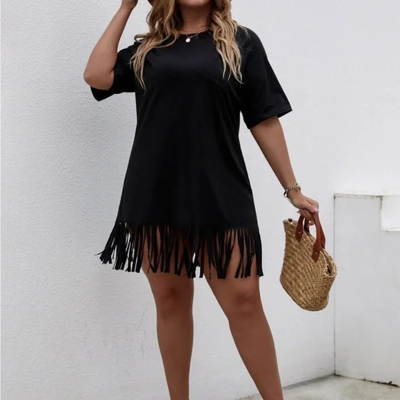 Super cute fashion, fringy grungy street style blue dress. Size XL - Picture 3 of 5